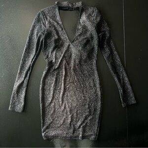 Windsor Super Sparkle Glitter Black Long-Sleeve V-Neck Bodycon Dress Medium